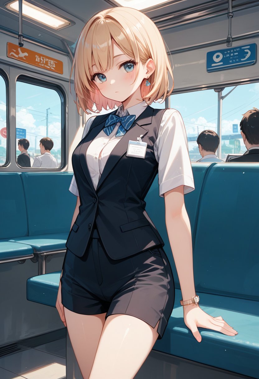 score_9, score_8_up, score_7_up, score_6_up, score_5_up, score_4_up,A young office lady dressed in a black suit and tight shorts stands in a crowded subway car. Her long and slender legs are strikingly white, complementing her slim figure. The surrounding passengers are so close that they almost lean on her.
,more detail XL,