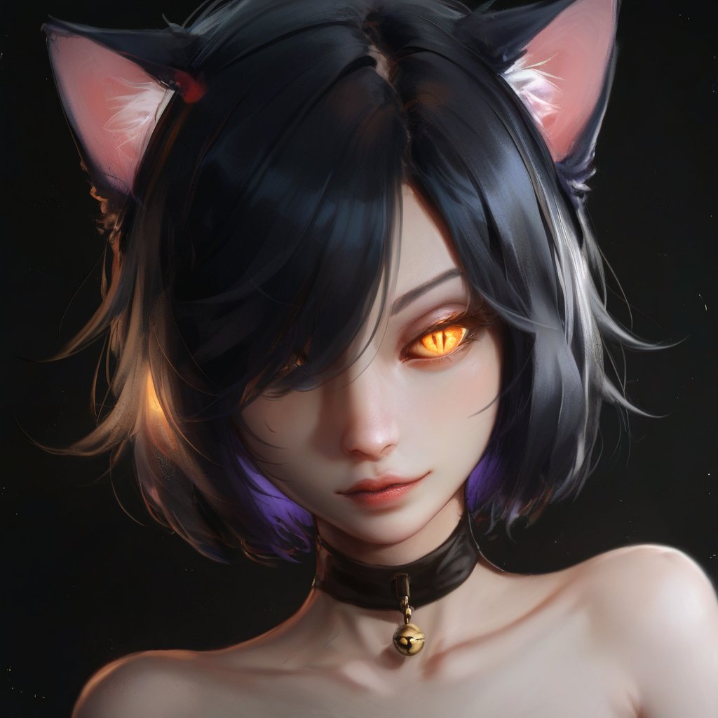 epicDiP, portrait, 1girl, catgirl, cat ears, shorthair, hair over one eyes, black hair, golden eyes, cat eyes, slit pupil, glowing eyes, black background, masterpiece, best quality, amazing quality, very aesthetic, absurdres,flat color, score_9, score_8_up, score_7_up