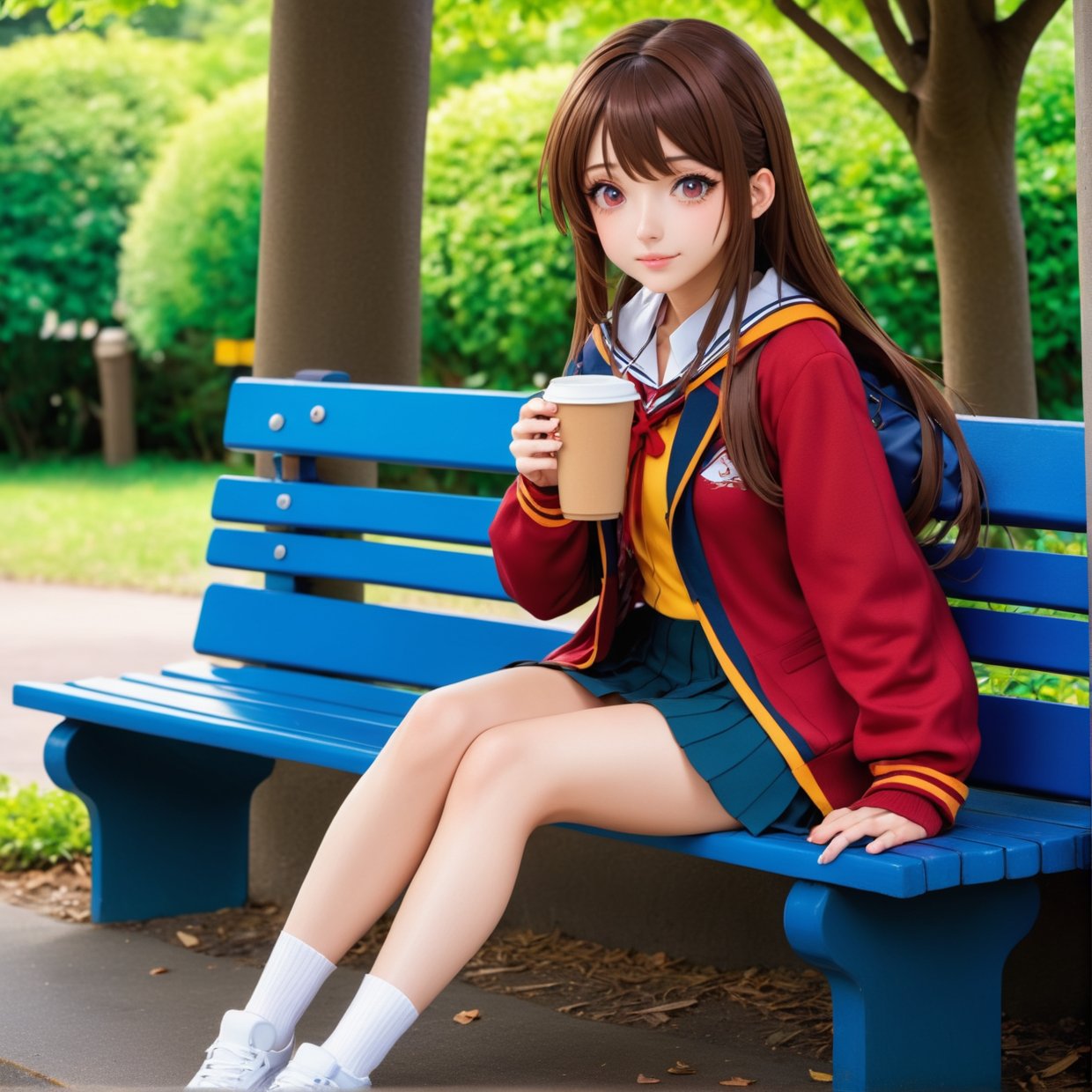 anime girl sitting on a bench with a cup of coffee, cute anime girl, anime style illustration, soda themed girl, beautiful anime high school girl, a hyperrealistic schoolgirl, anime girl, young anime girl, beautiful anime girl, anime girl drinks energy drink, anime style 4 k, digital anime illustration, retro anime girl, anime visual of a cute girl