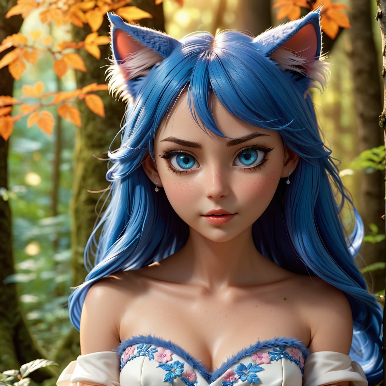 a beautiful anime girl, cat girl, with long hair, detailed facial features, piercing blue eyes, sharp cat-like ears, delicate facial expression, elegant pose, intricate dress, flowing fabric, detailed fur on cat ears and tail, (best quality,4k,8k,highres,masterpiece:1.2),ultra-detailed,(realistic,photorealistic,photo-realistic:1.37),detailed background, lush forest, magical forest clearing, soft lighting, warm color palette, cinematic composition