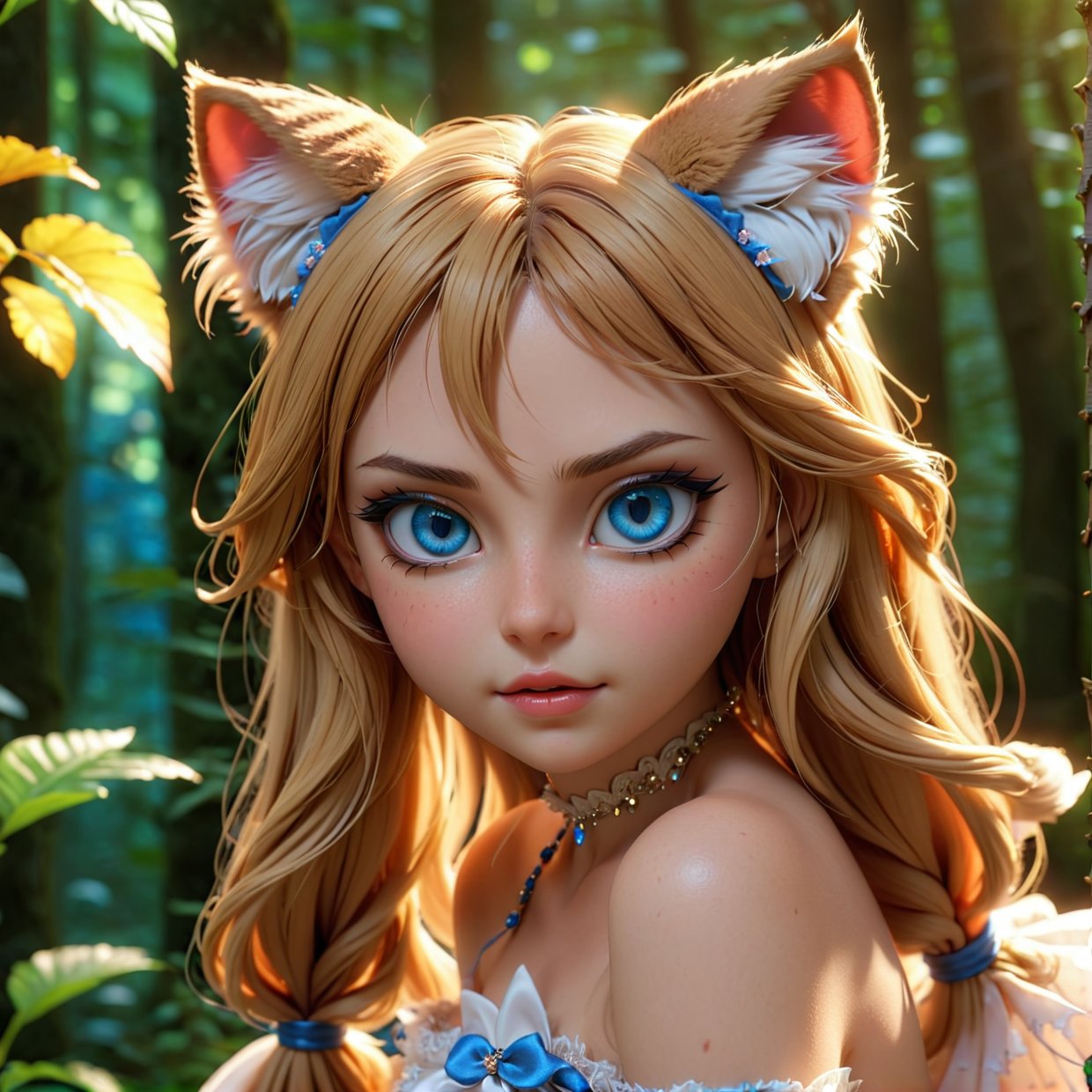 a beautiful anime girl, cat girl, with long hair, detailed facial features, piercing blue eyes, sharp cat-like ears, delicate facial expression, elegant pose, intricate dress, flowing fabric, detailed fur on cat ears and tail, (best quality,4k,8k,highres,masterpiece:1.2),ultra-detailed,(realistic,photorealistic,photo-realistic:1.37),detailed background, lush forest, magical forest clearing, soft lighting, warm color palette, cinematic composition