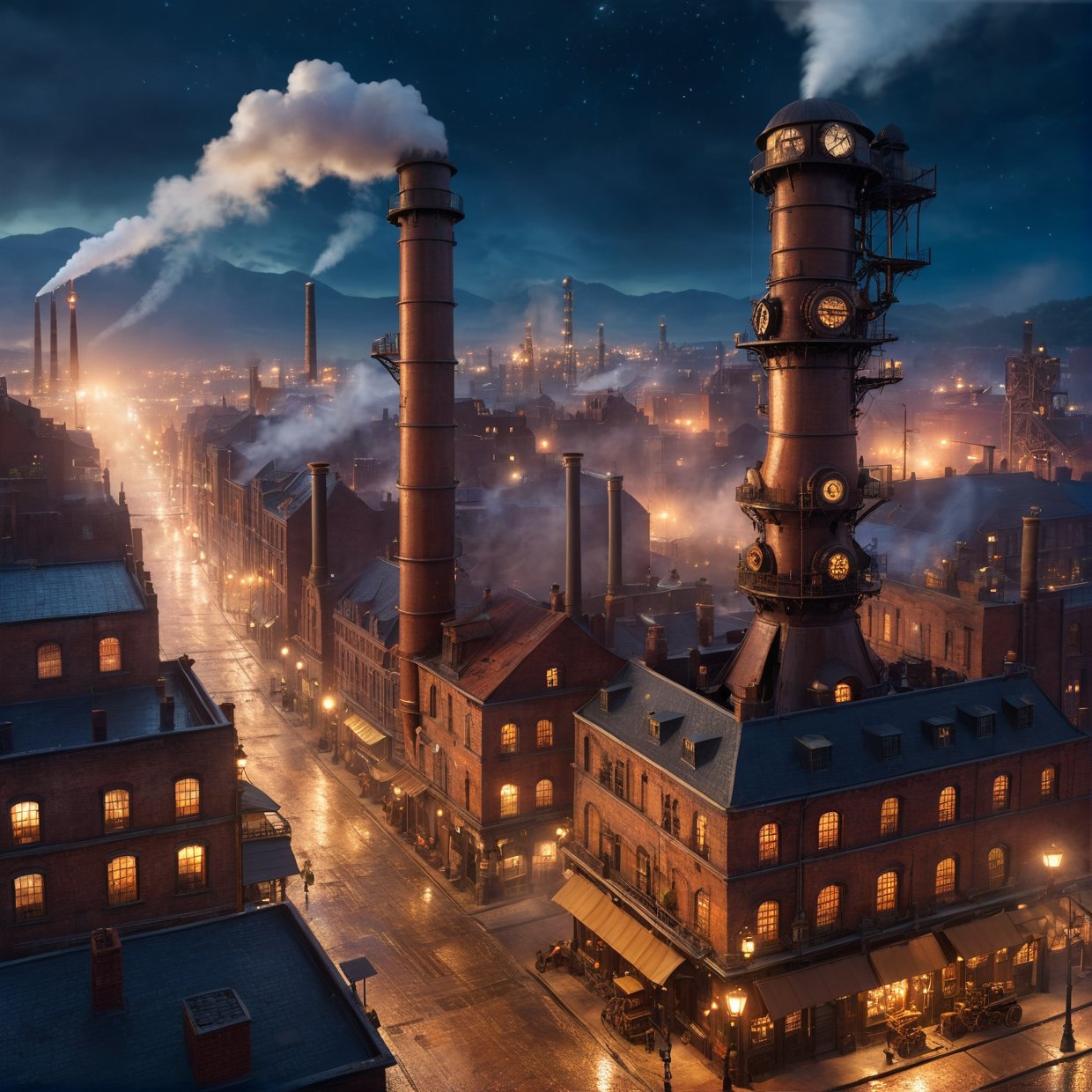 industrial city, surround by wall, steampunk. there is inn, residental area, ((airships)) in the sky, city gate, rusty and heavy, smoke, chimney, factories, gears, machinery, tall buildings, towers, steam power, steam pipes, streetlights, (bird-eye view), (night time, starry sky), (hard rain), (crossroad), (cinematic lighting, super detail, bloom)