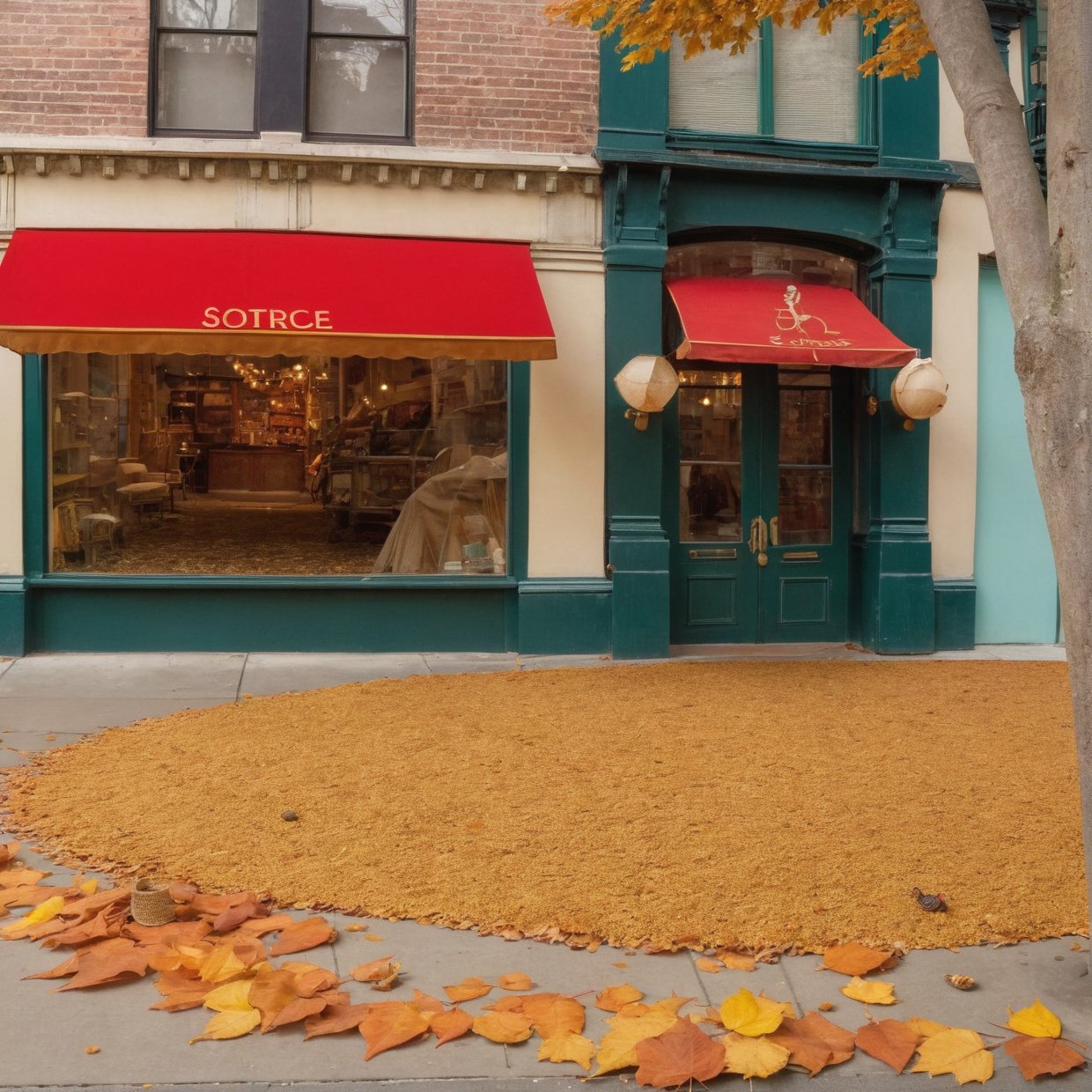 Imagine you're looking at a vintage store, with a storefront full of antiques and curiosities. The art deco sign adds a touch of elegance to the ambiance. In front of the store, an antique bicycle rests against a brick wall, evoking memories of past adventures. Fallen leaves from trees create a golden carpet on the ground, while a playful dog runs after a ball in the street.