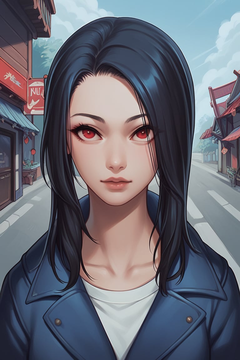 score_9, score_8_up, score_7_up, score_6_up, 1girl, outdoors, portrait of a MaoEc, black hair, red eyes,dfdd, blue theme