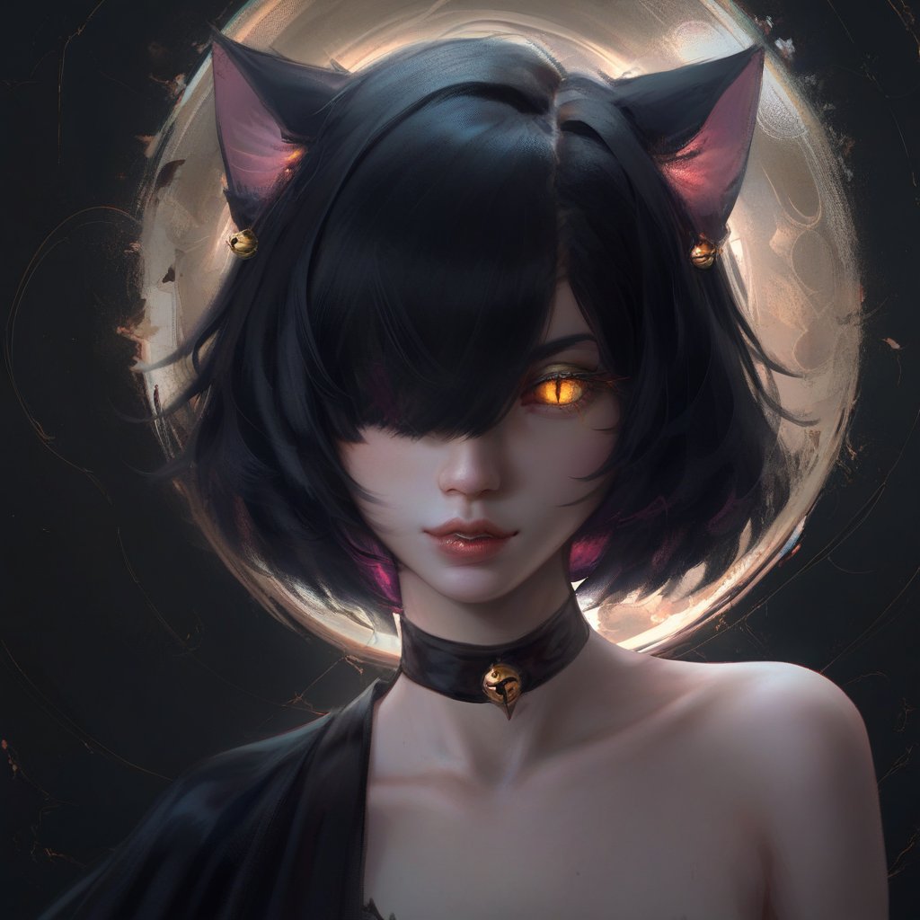 epicDiP, 1girl, catgirl, cat ears, shorthair, hair over one eyes, black hair, golden eyes, cat eyes, slit pupil, glowing eyes, black background, masterpiece, best quality, amazing quality, very aesthetic, absurdres,flat color, score_9, score_8_up, score_7_up