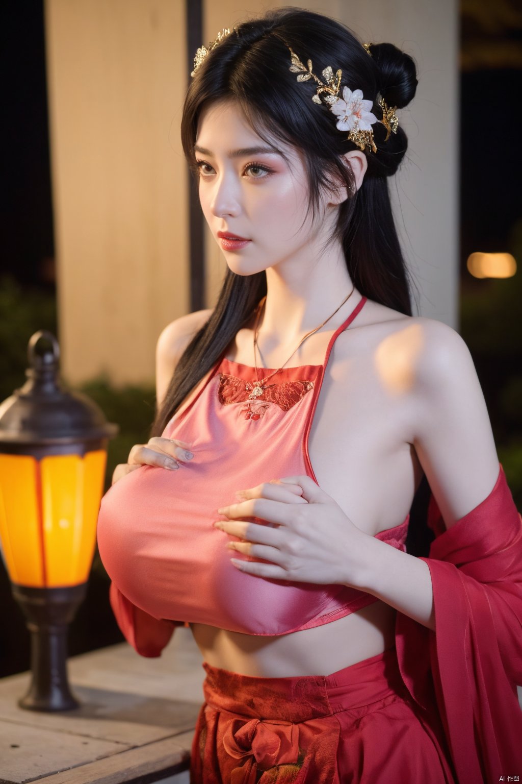  1girl, navel, solo, midriff, bare shoulders, lantern, hair ornament, flower, hair flower, paper lantern, black hair, red lips, looking at viewer, chinese clothes, (pink dress), purple eyes,blurry, solo focus, long hair, lips, night, lipstick, outdoors, upper body, blurry,(huge breasts:1.43), background, solo, makeup, hair bun, Hashimoto_Kanna