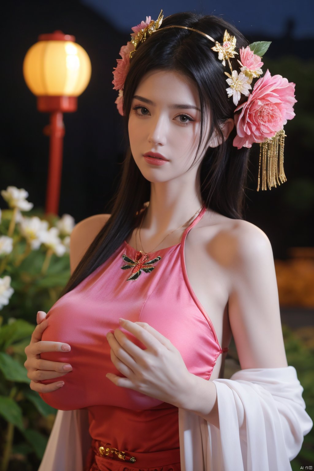  1girl, navel, solo, midriff, bare shoulders, lantern, hair ornament, flower, hair flower, paper lantern, black hair, red lips, looking at viewer, chinese clothes, (pink dress), purple eyes,blurry, solo focus, long hair, lips, night, lipstick, outdoors, upper body, blurry,(huge breasts:1.43), background, solo, makeup, hair bun, Hashimoto_Kanna