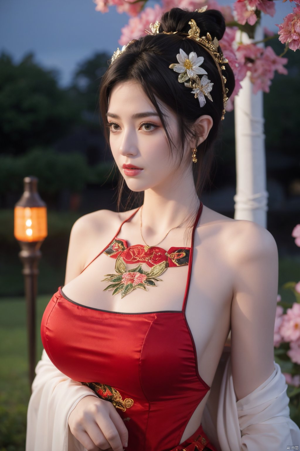  1girl, navel, solo, midriff, bare shoulders, lantern, hair ornament, flower, hair flower, paper lantern, black hair, red lips, looking at viewer, chinese clothes, (pink dress), purple eyes,blurry, solo focus, long hair, lips, night, lipstick, outdoors, upper body, blurry,(huge breasts:1.43), background, solo, makeup, hair bun, Hashimoto_Kanna