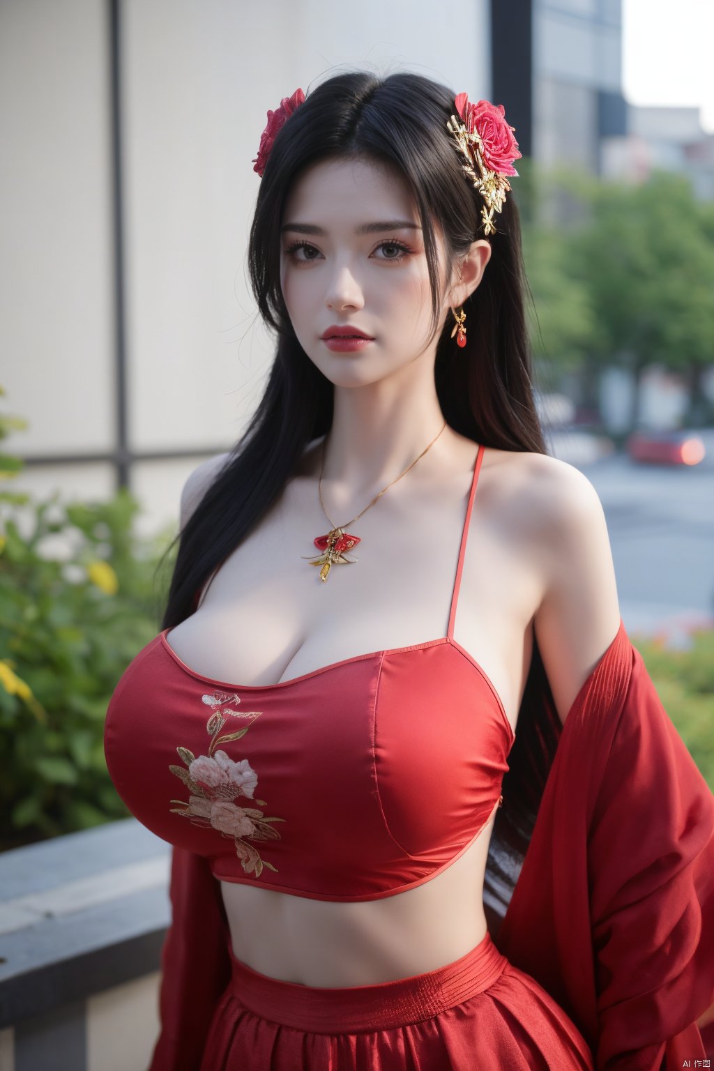  1girl, navel, solo, midriff, bare shoulders, lantern, hair ornament, flower, hair flower, paper lantern, black hair, red lips, looking at viewer, chinese clothes, (pink dress), purple eyes,blurry, solo focus, long hair, lips, night, lipstick, outdoors, upper body, blurry,(huge breasts:1.43), background, solo, makeup, hair bun, Hashimoto_Kanna