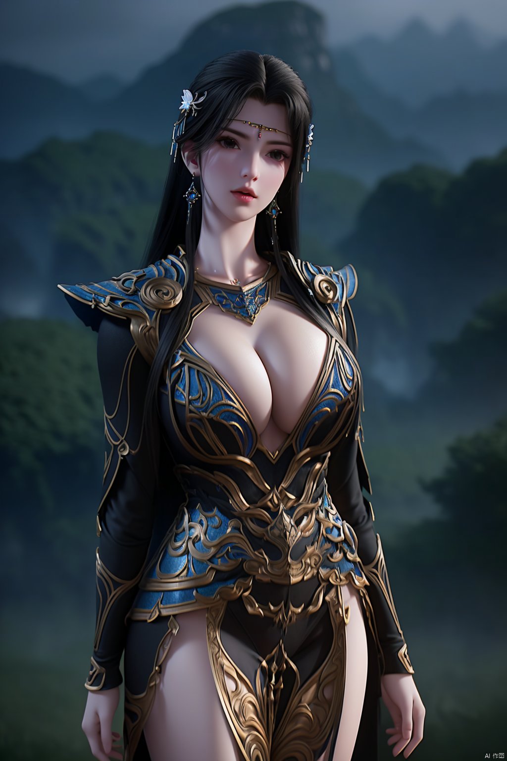 (8k, RAW photo, best quality, masterpiece:1.2), (realistic, photorealistic:1.3), ultra-detailed, extremely detailed cg 8k wallpaper, (crystalstexture skin:1.2), extremely delicate and beautiful,1girl,black, long hair, earrings,chinese clothes,dress,big breasts,looking at viewer,cowboy shot,(outdoor:1.3),