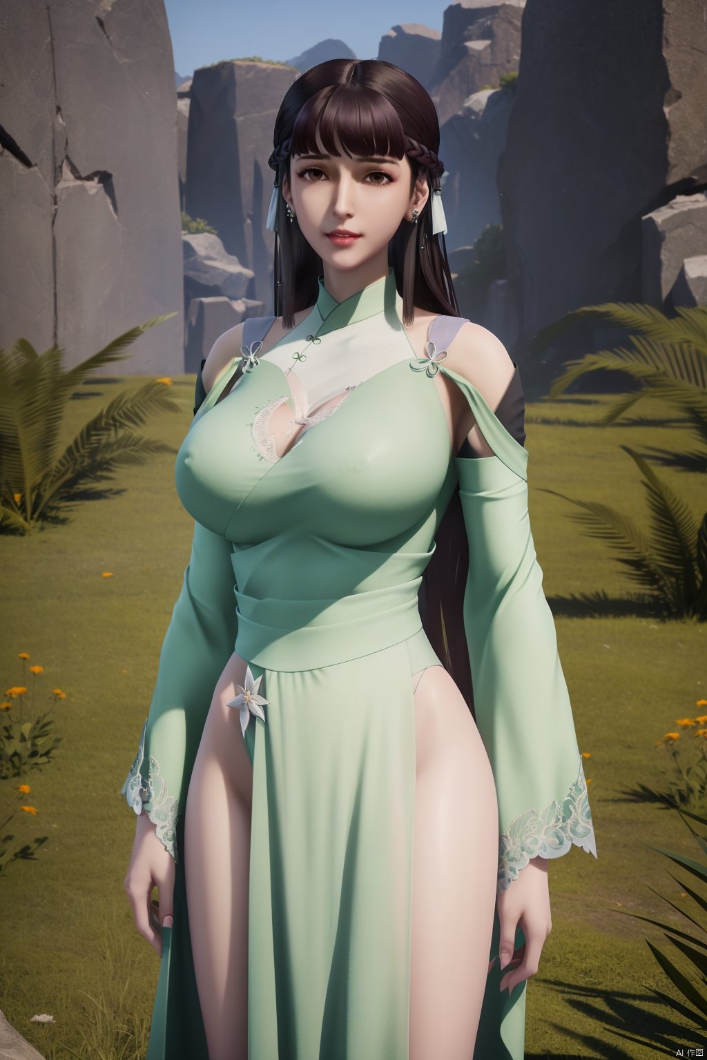 (8k, RAW photo, best quality, masterpiece:1.2), (realistic, photorealistic:1.3), ultra-detailed, extremely detailed cg 8k wallpaper, (crystalstexture skin:1.2), extremely delicate and beautiful,1girl,black, long hair, earrings,chinese clothes,dress,big breasts,looking at viewer,cowboy shot,(outdoor:1.3),