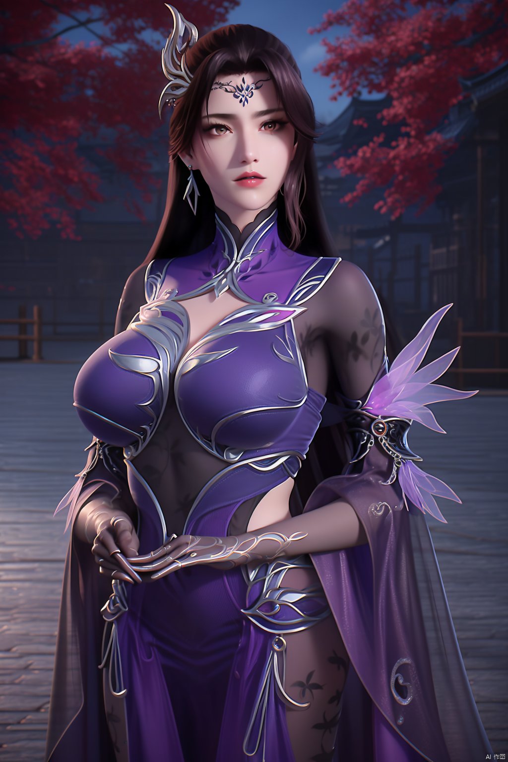 (8k, RAW photo, best quality, masterpiece:1.2), (realistic, photorealistic:1.3), ultra-detailed, extremely detailed cg 8k wallpaper, (crystalstexture skin:1.2), extremely delicate and beautiful,1girl,black, long hair, earrings,chinese clothes,dress,big breasts,looking at viewer,cowboy shot,(outdoor:1.3),