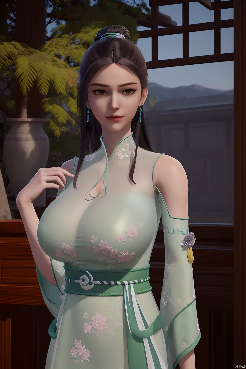 (8k, RAW photo, best quality, masterpiece:1.2), (realistic, photorealistic:1.3), ultra-detailed, extremely detailed cg 8k wallpaper, (crystalstexture skin:1.2), extremely delicate and beautiful,1girl,black, long hair, earrings,chinese clothes,dress,(big breasts:1.2),looking at viewer,cowboy shot,(outdoor:1.3),