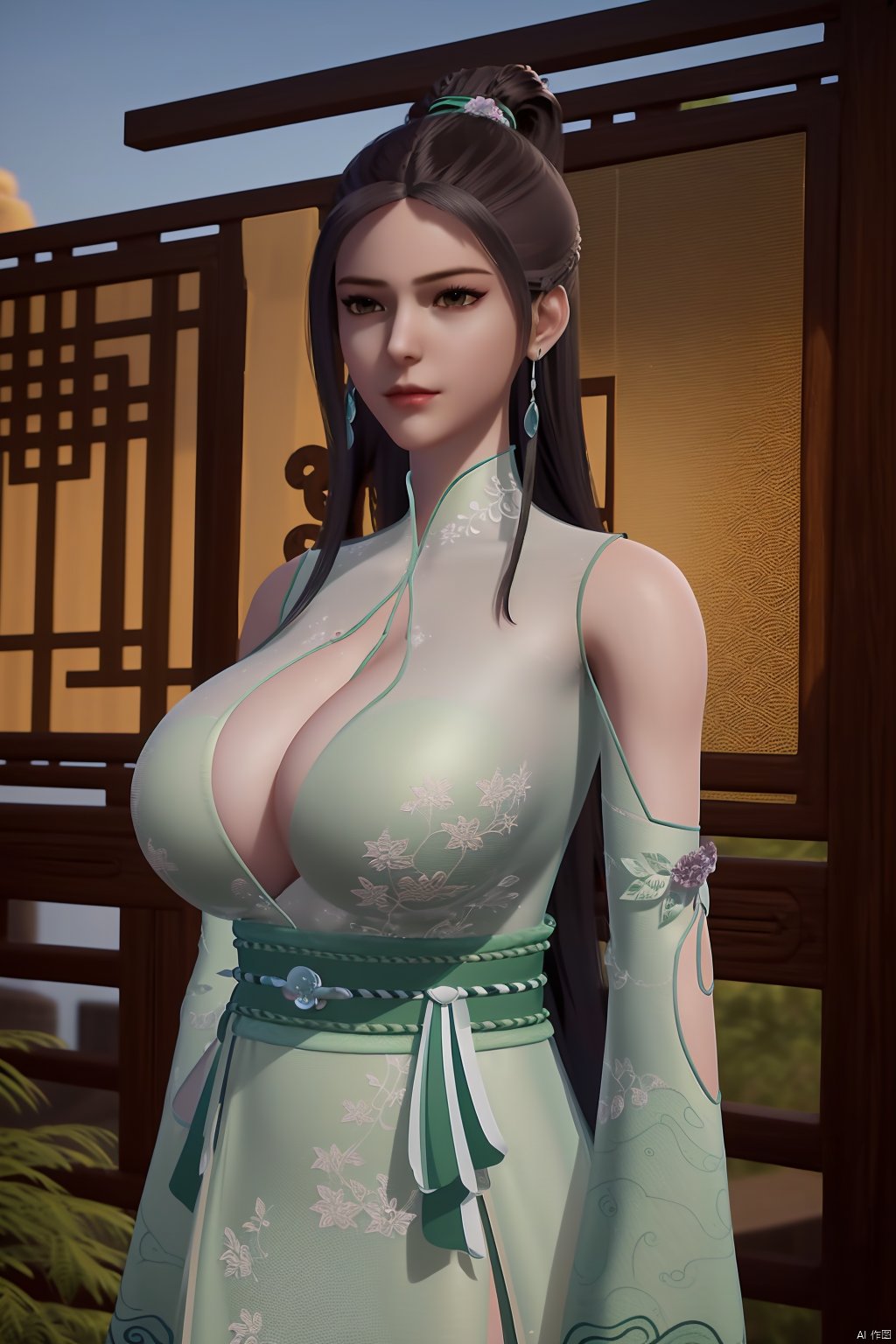 (8k, RAW photo, best quality, masterpiece:1.2), (realistic, photorealistic:1.3), ultra-detailed, extremely detailed cg 8k wallpaper, (crystalstexture skin:1.2), extremely delicate and beautiful,1girl,black, long hair, earrings,chinese clothes,dress,(big breasts:1.2),looking at viewer,cowboy shot,(outdoor:1.3),