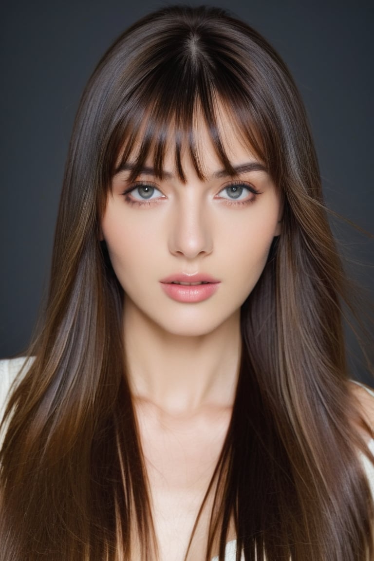 A stunning fashion model photograph, long straight hair, bangs, headshot