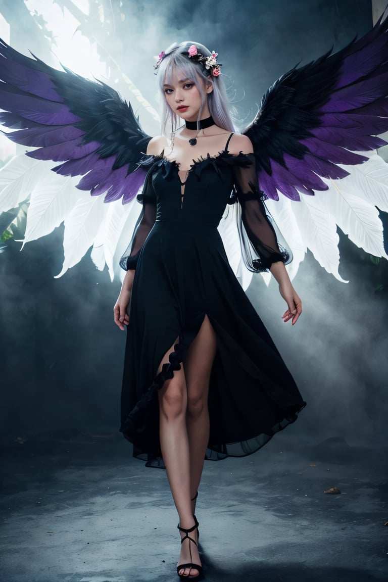 1girl, solo, long hair, looking at viewer, bangs, hair ornament, long sleeves, dress, standing, purple eyes, full body, flower, white hair, wings, choker, hair flower, wide sleeves, black dress, halo, feathered wings, black wings, angel wings, long dress, angel