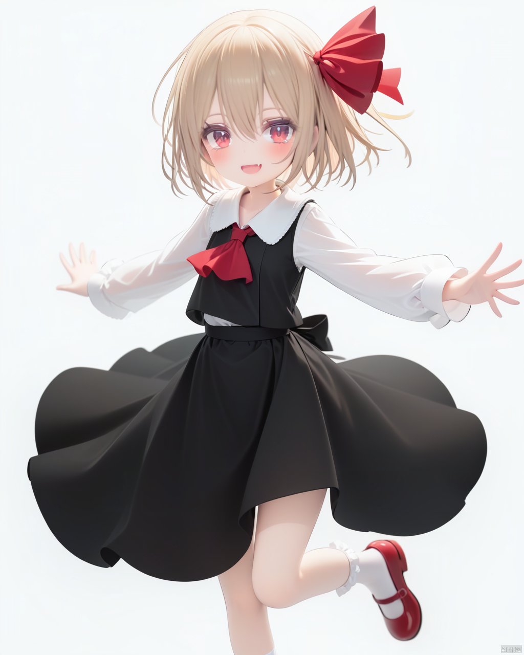 willy style, 1girl, rumia, blonde hair, solo, white background, red footwear, simple background, ribbon, red eyes, short hair, hair ribbon, shirt, long sleeves, open mouth, ascot, white socks, looking at viewer, full body, socks, red ribbon, red ascot, white shirt, shoes, frills, bangs, skirt, smile, mary janes, vest, dress, collared shirt, outstretched arms, hair between eyes, black dress, black skirt, :d, blush, black vest, bobby socks, collarbone, fang