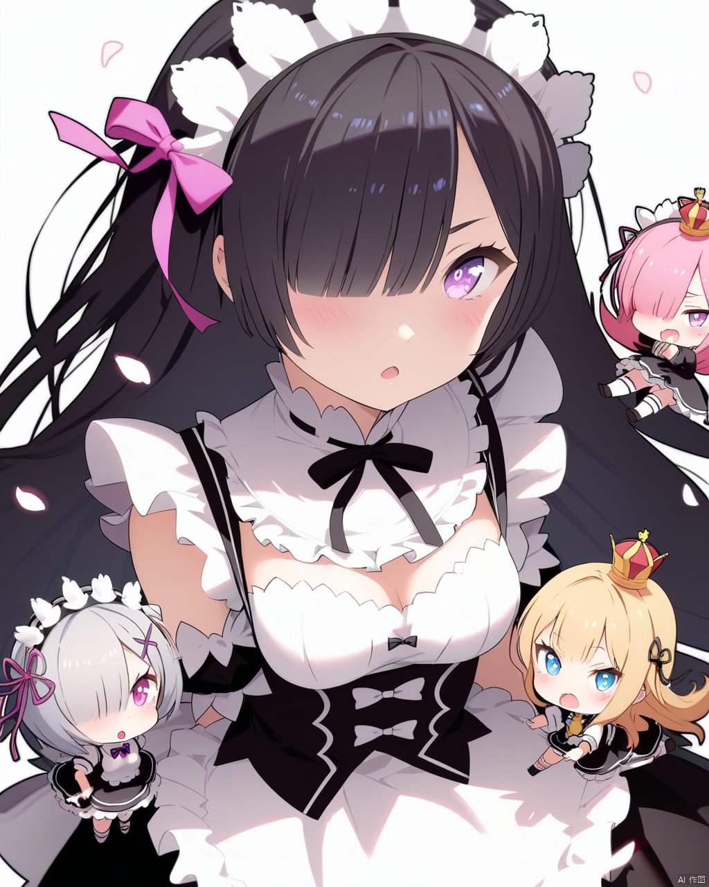 rella, natsuki subaru, rem (re:zero), multiple girls, ram (re:zero), roswaal mansion maid uniform, maid, short hair, emilia (re:zero), pink hair, blue hair, drill hair, hair ornament, 1boy, blue eyes, twin drills, blonde hair, smile, ribbon, x hair ornament, looking at viewer, hair over one eye, siblings, twins, 4girls, open mouth, hair ribbon, dress, chibi, black hair, sisters, long hair, crown, bangs, petals, breasts, blush, maid headdress, detached sleeves, 3girls, frills, mini crown, symbol-shaped pupils, purple eyes, pink eyes, pink ribbon, white background, grey hair, medium breasts, 