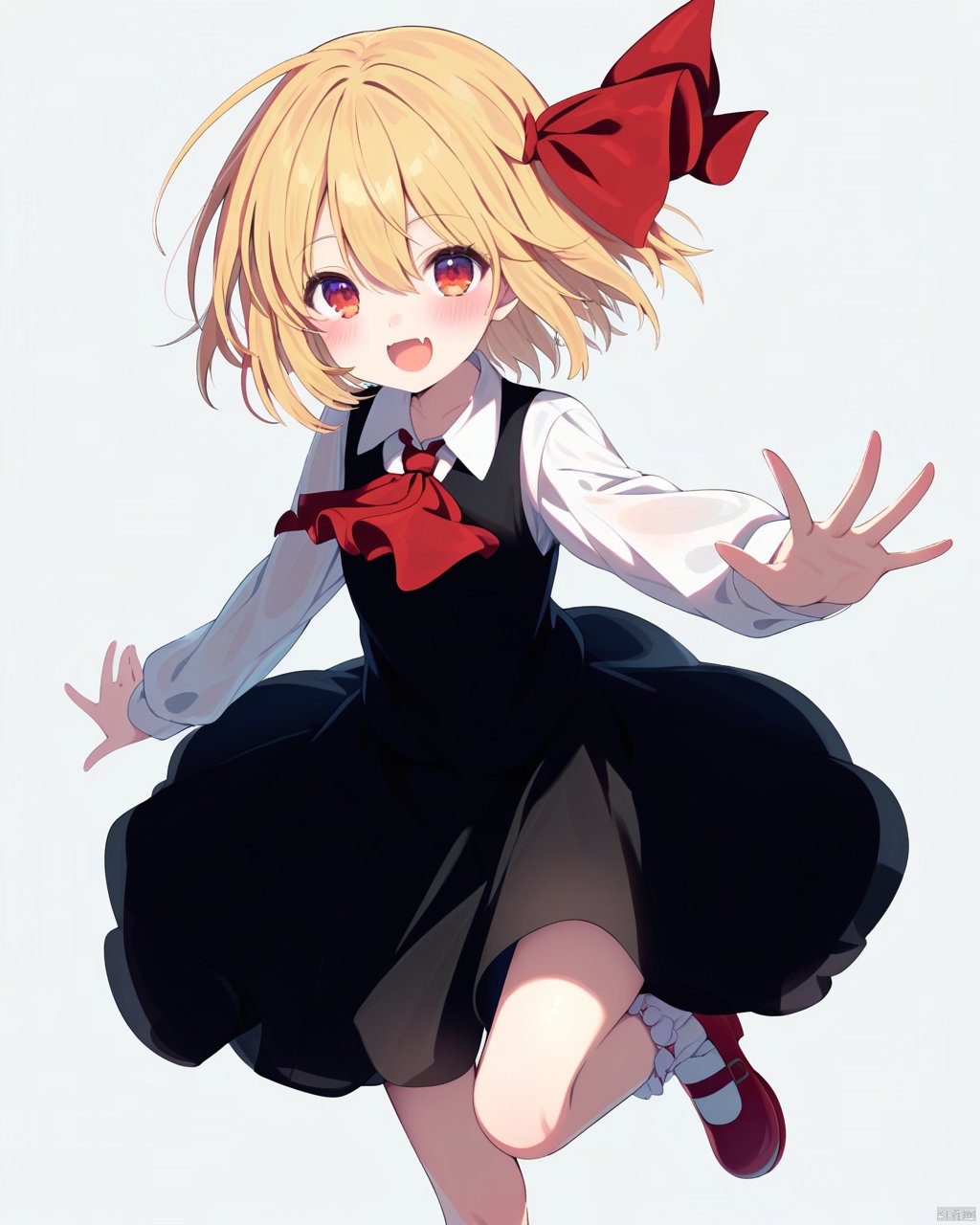 ogi pote, 1girl, rumia, blonde hair, solo, white background, red footwear, simple background, ribbon, red eyes, short hair, hair ribbon, shirt, long sleeves, open mouth, ascot, white socks, looking at viewer, full body, socks, red ribbon, red ascot, white shirt, shoes, frills, bangs, skirt, smile, mary janes, vest, dress, collared shirt, outstretched arms, hair between eyes, black dress, black skirt, :d, blush, black vest, bobby socks, collarbone, fang