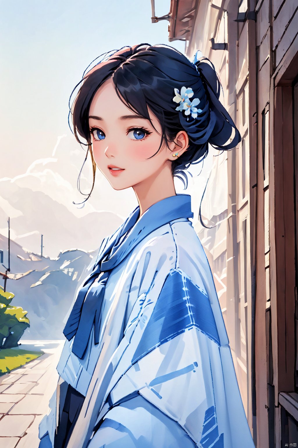 1girl,upper body,delicate facial features,smile,
,tie dye, Blue and white porcelain style landscape painting, blooming cheer cartoon style, , Blue and white porcelain style landscape,girl