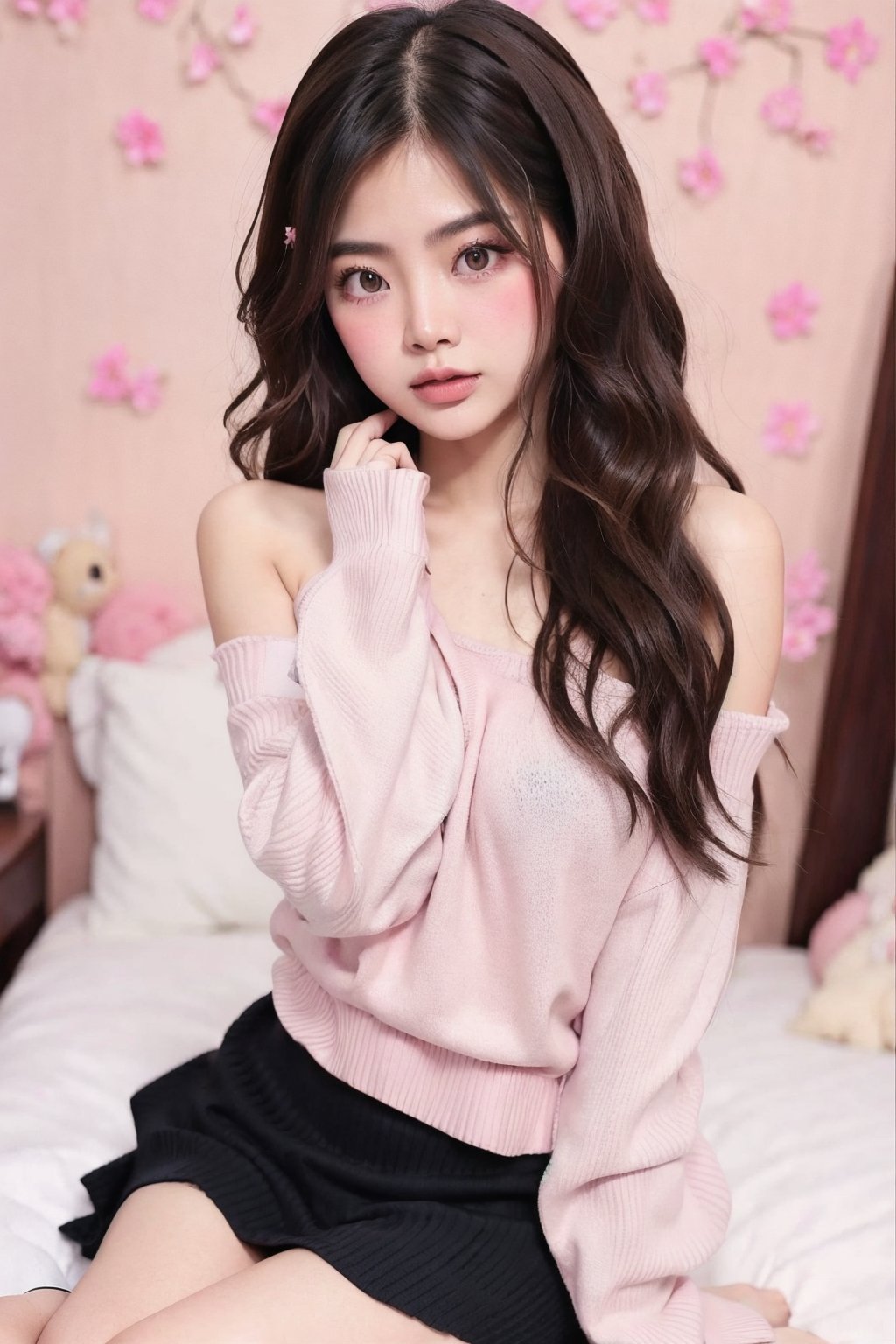 Portrait of thai girl , pink sweater, skirt y2k style, sitting pose, adorable pose, bedroom background, dynamic angle shot