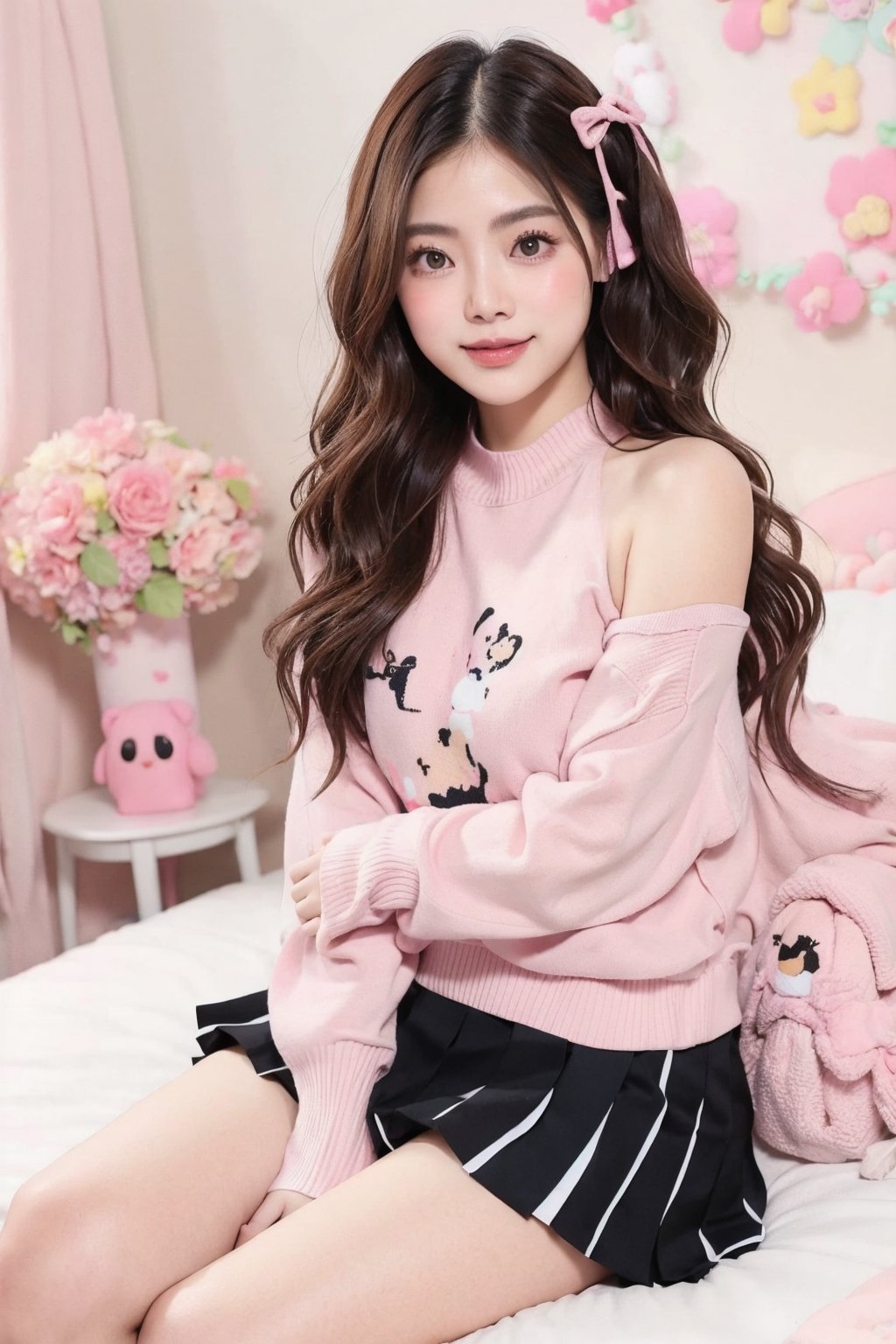 Portrait of baibai, pink sweater, skirt y2k style, sitting pose, adorable pose, smile, bedroom background, dynamic angle shot