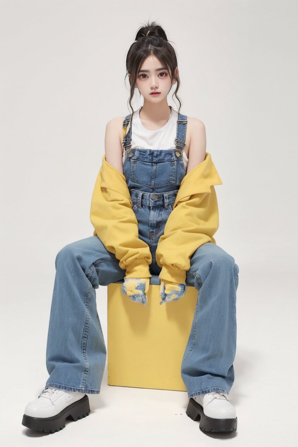 Portrait of icez , yellow jacket y2k style , low waisted denim bootcut pants y2k style, adorable pose, sitting on the floor ,dynamic powder color painting splash background, cotton gloves 