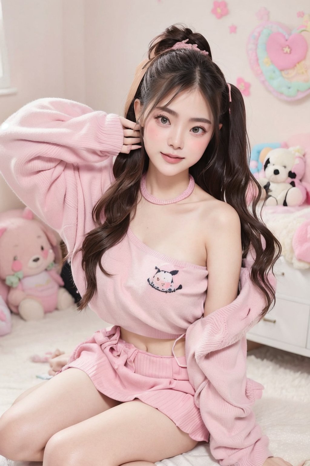 Portrait of baibai, pink sweater, skirt y2k style, sitting pose, adorable pose, smile, bedroom background, dynamic angle shot