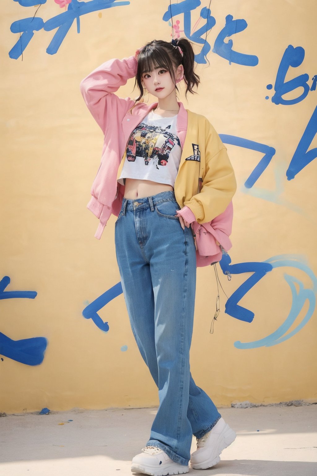 Portrait of icez , yellow jacket y2k style , low waisted denim bootcut pants y2k style, adorable pose, dynamic powder color painting splash background