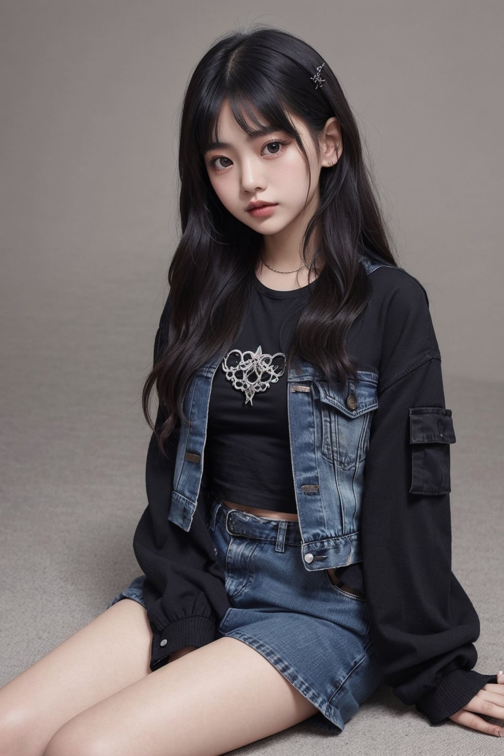 Portrait of thai girl , black shirt with denim jacket gothic style , skirt y2k style, sitting pose, adorable pose, bedroom background, dynamic angle shot