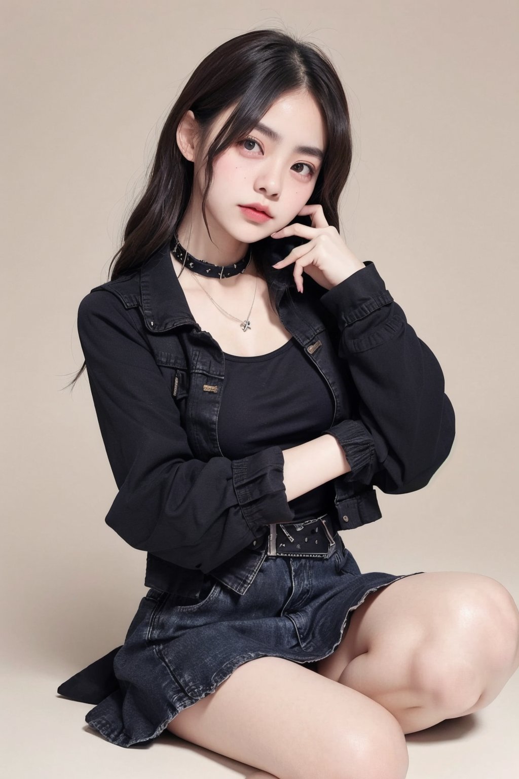 Portrait of thai girl , black shirt with denim jacket gothic style , skirt y2k style, sitting pose, adorable pose, bedroom background, dynamic angle shot