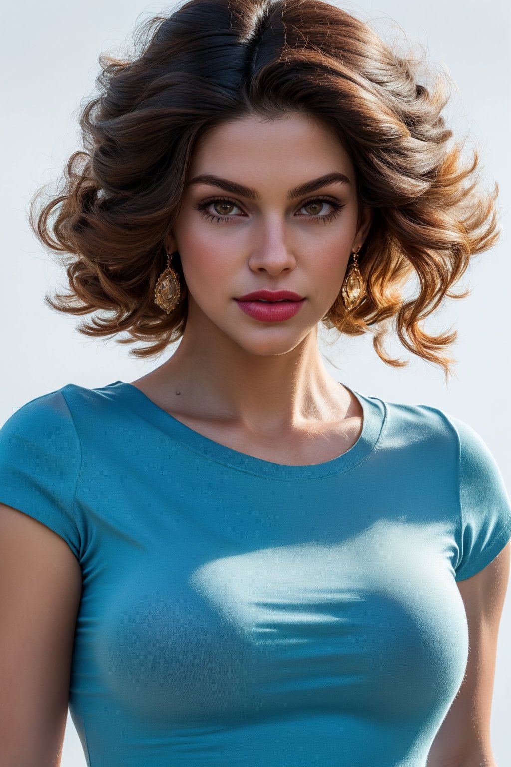 realistic, detailed, extremely detailed, Photorealistic, masterpiece, beautiful lighting, real image, hyperrealistic, 8k, cinematic, best shadow, detailed background, exquisite facial features, full body,

(((( realistic, upper body portrait, beautiful woman portrait , wearing blue t-shirt, white background, red lips, ))))), Hyperrealistic photo,