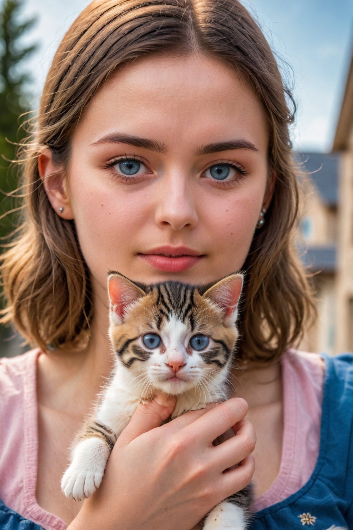 cinematic upper body photo a woman holding a kitten in her hands, ((best best quality)), ((masterpiece)), ((realistic)), (detailed), blush, (masterpiece), absurdres, HDR , . 35mm photograph, film, bokeh, professional, 4k, highly detailed, detailed skin texture, (goosebumps:0.5), subsurface scattering, pure skin, skin pores, blue eyes
