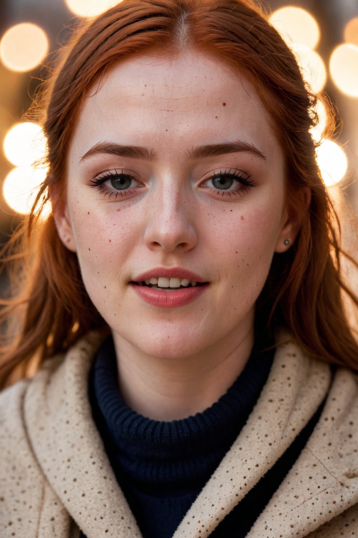 closed lips, cute smile, cinematic photo (art by Mathias Goeritz:0.9) , photograph, Lush Girlfriend, Tax collector, Rich ginger hair, Winter, tilt shift, Horror, specular lighting, film grain, Samsung Galaxy, F/5, (cinematic still:1.2), freckles . 35mm photograph, film, bokeh, professional, 4k, highly detailed ,1 girl,midjourney,yuzu, perfect, fingers,
