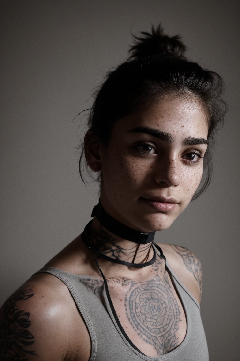 photo, rule of thirds, dramatic lighting, medium hair, detailed face, detailed nose, woman wearing tank top, freckles, collar or choker, smirk, tattoo, intricate background
,realism,realistic,raw,analog,woman,portrait,photorealistic,analog,realism,Indian 