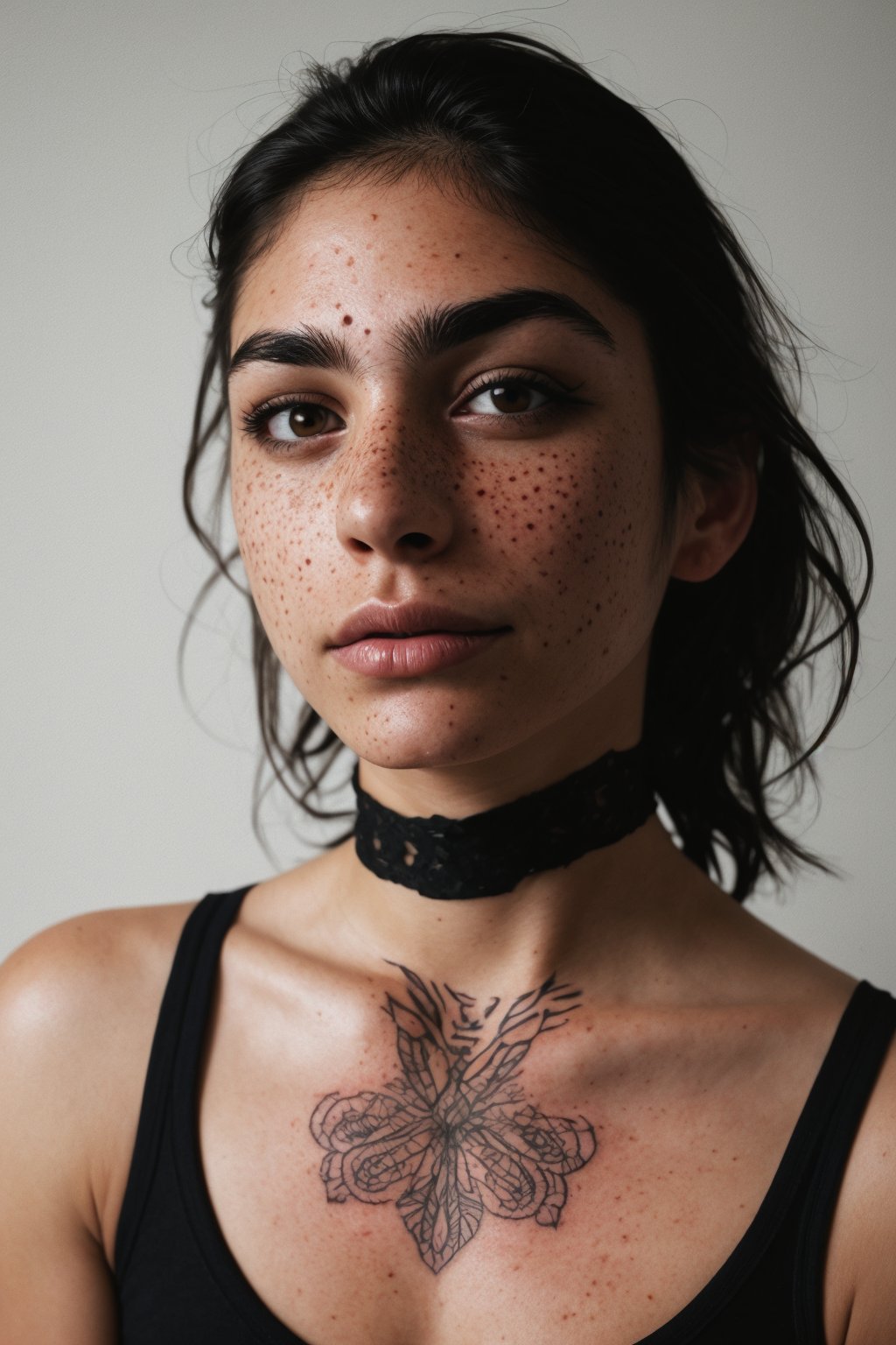 photo, rule of thirds, dramatic lighting, medium hair, detailed face, detailed nose, woman wearing tank top, freckles, collar or choker, smirk, tattoo, intricate background
,realism,realistic,raw,analog,woman,portrait,photorealistic,analog,realism,Indian 