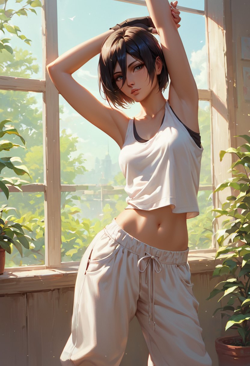 score_9, score_8_up, score_7_up,solo, 1girl, mikasa ackerman, beautiful face, cammystretch, standing, stretching, arms up, tank top, baggy pants, fingerless gloves, navel, pants,