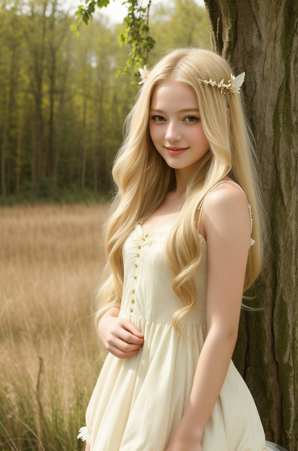(masterpiece), 1girl, long hair, blond hair, (smile:0.5), dress,girls dead fairies 