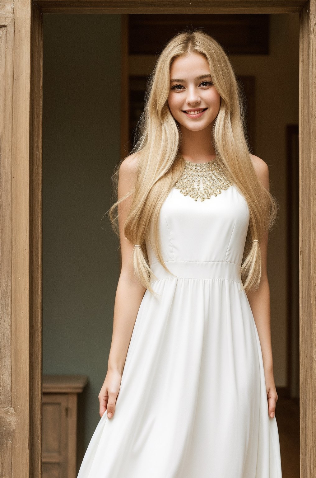 (masterpiece), 1girl, long hair, blond hair, (smile:0.5), dress, 