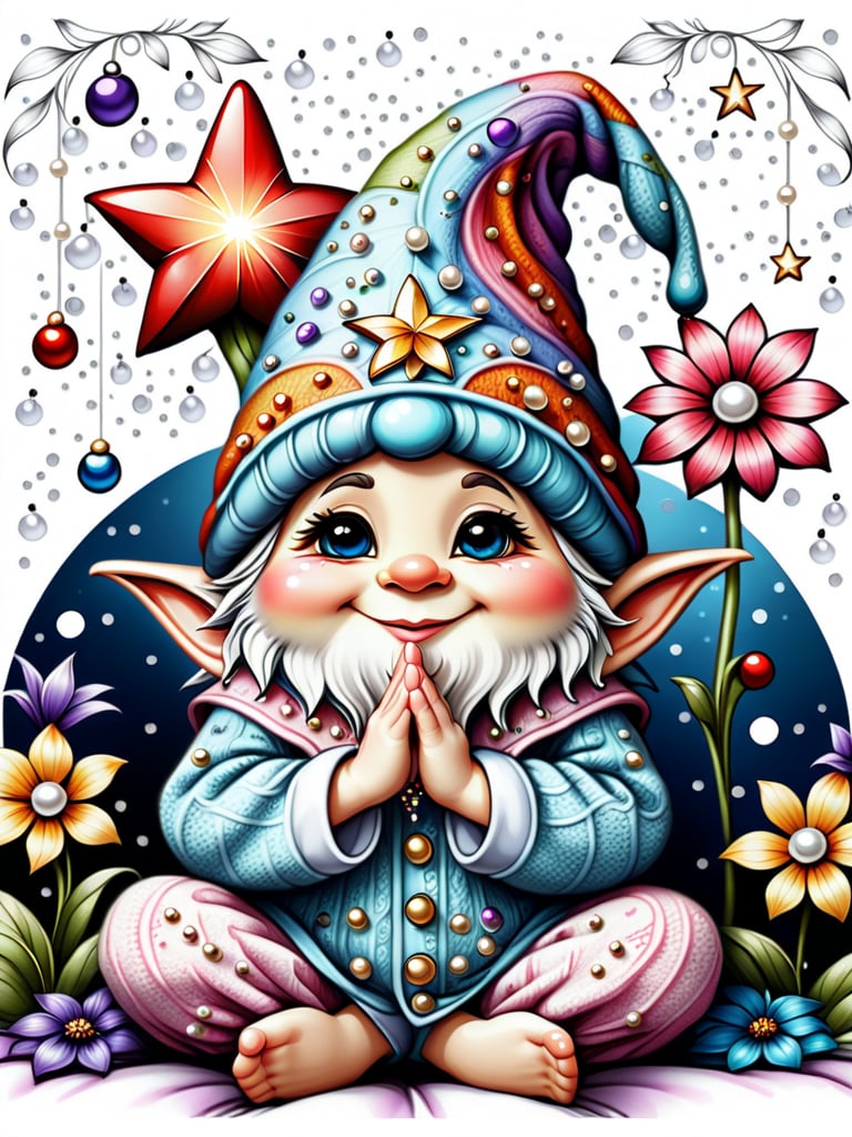 Enchanted Gnome, coloring sheet, With fine and elegant lines. Skinny body. He is sitting on his bed stretching his arms up. Wearing pajamas with star pattern. She wears a large, pointed knit hat that folds up and has a pompom on the tip. It is embellished with flowers, pearls and crystals. The hat covers all his eyes. Minimalist patterns., ,LOVED, Defined patterns.,ENCHANTED,Coloring