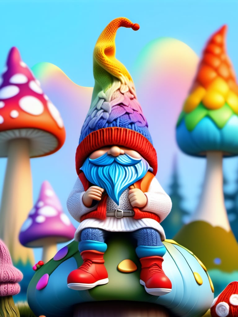 1 Enchanted gnome. He is Sitting on a Mushroom. Skinny body. Wearing white sweater, jeans and tennis. Wearing with pointed cap that folds. The hat has a pompom on the tip. The hat is knitted and covers all his eyes. All their clothes are woven. Rainbow and sky background.  Minimalistic patterns.,
8k High definition.,ENCHANTED