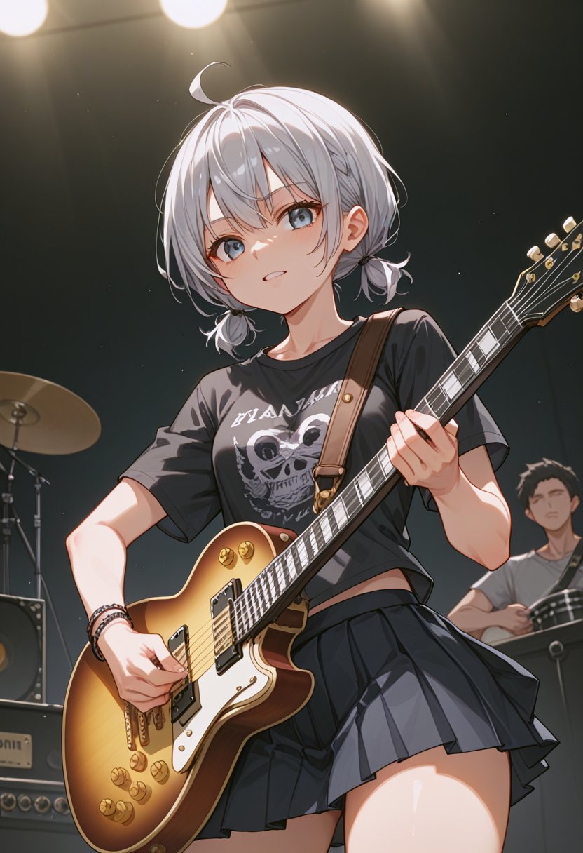 core_9, score_8_up, score_7_up, score_6_up, score_5_up, source_anime, 
Silver hair, short pigtails, girl playing solo guitar on stage, black Les Paul custom, black T-shirt, navy pleated skirt, shoegaze, digital art