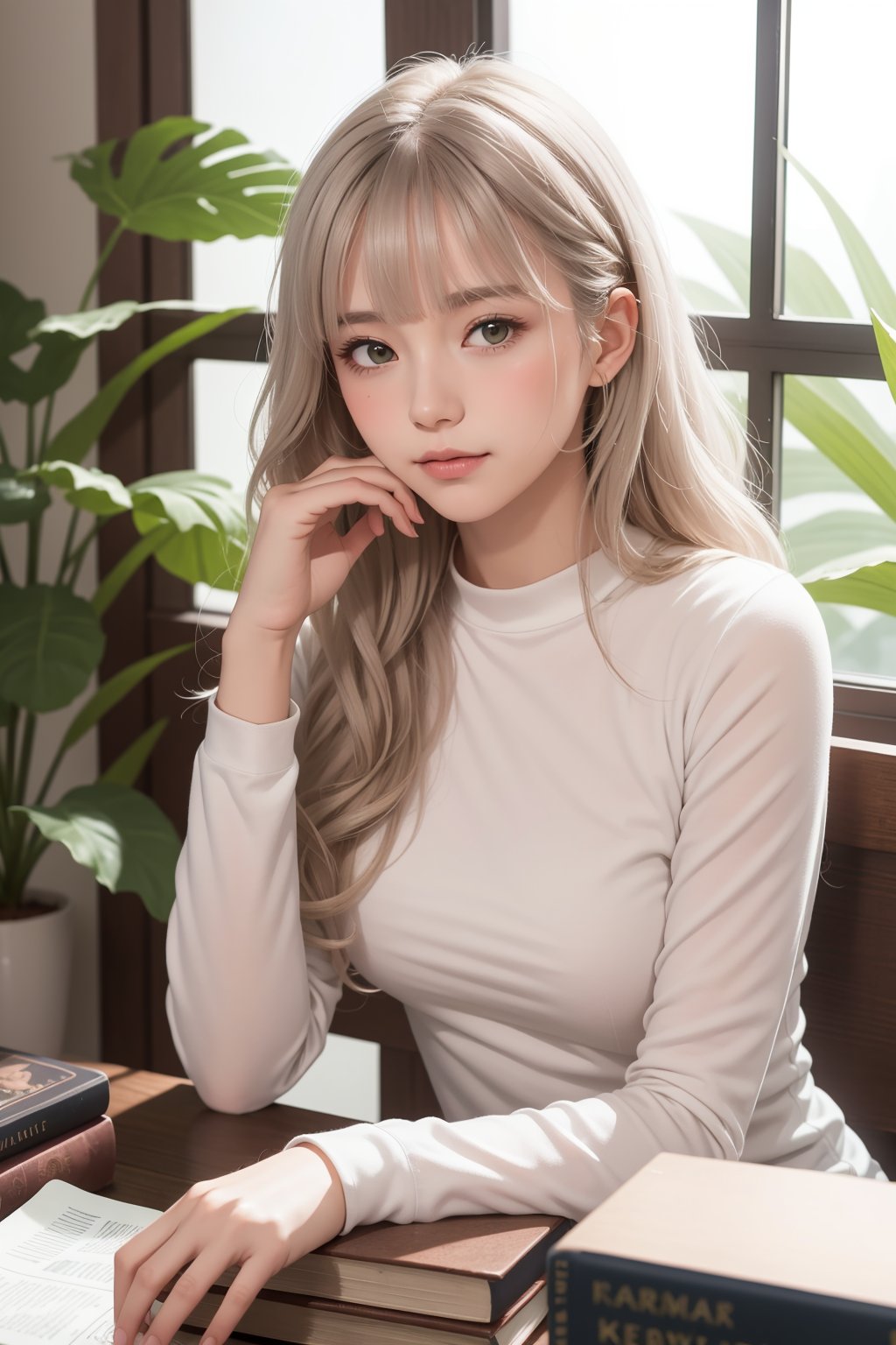masterpiece, best quality, 1girl, looking at viewer, blush, long wavy hair, bangs, long sleeves, sitting, closed mouth, long hair, upper body, white hair, indoors, book, window, plant, head rest, book stack, halo, blunt bangs, casual outfit, soft smile
