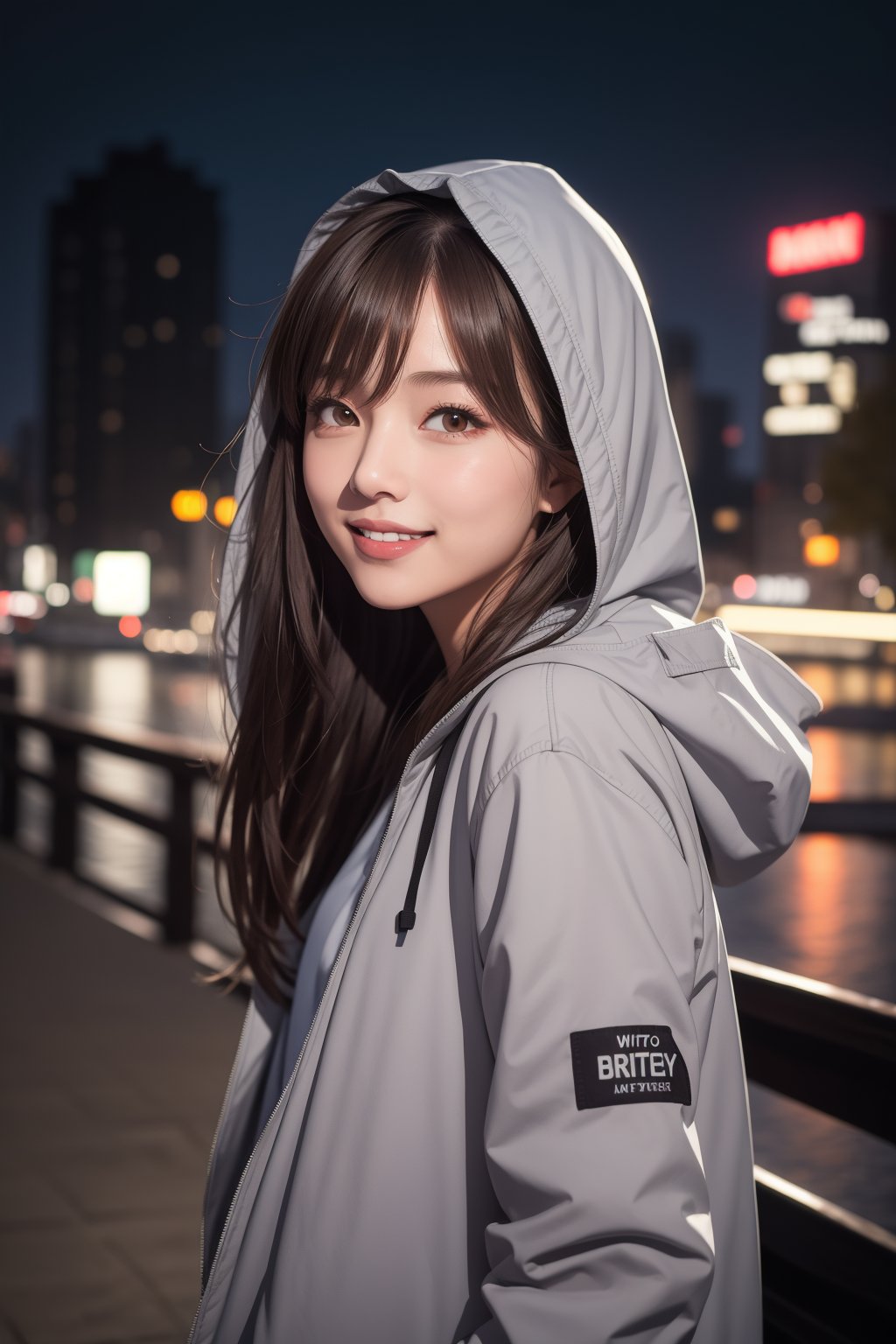 masterpiece, best quality, 1girl, smile, grey jacket, sleeves past wrists, long hair, facing viewer, bangs, hood, long sleeves, puffy long sleeves, upper body, hair between eyes, hooded jacket, brown hair, shirt, night city, outdoors, closed mouth