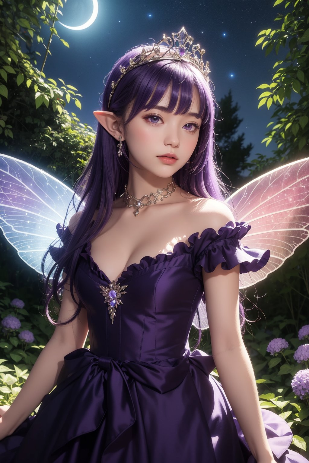 masterpiece, ultra quality, 1girl, purple fairy dress, pointy ears, fantasy garden forest, upper body, glowing purple fairy wings, soft smile, midnight, night sky, cowboy shot, purple hair, tiara, frills