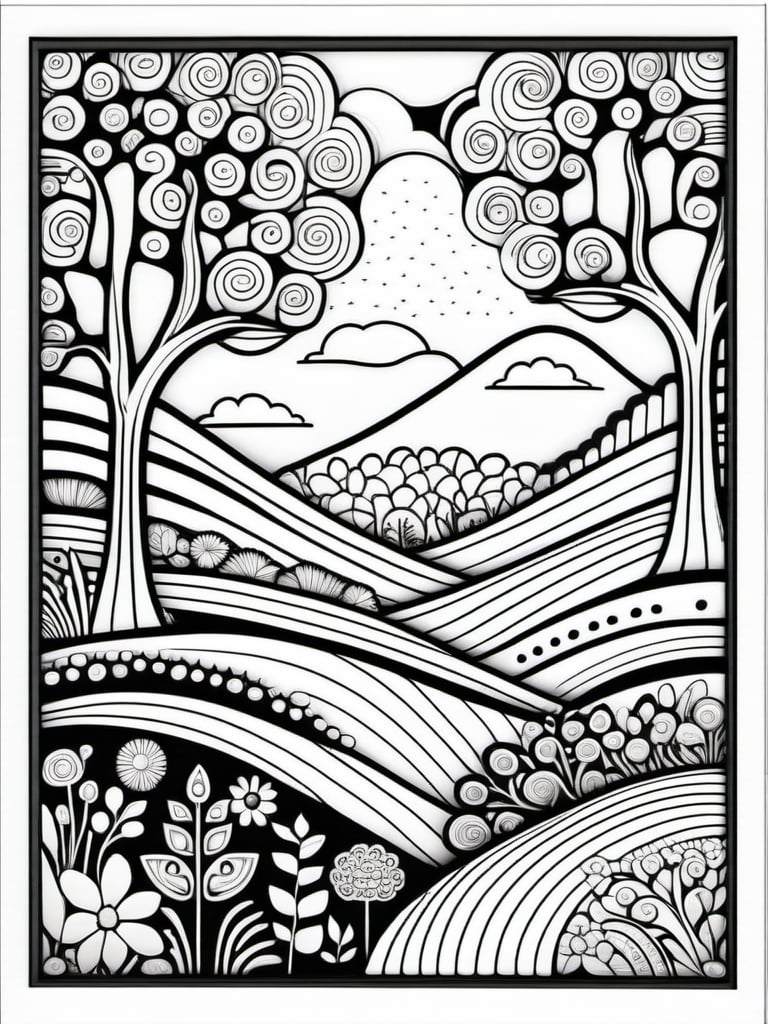 Coloring Sheet, monochrome, desatured. draw with fine and elegant lines. A whimsical folk art. surreal naive art style illustration, whimsical scene, swirling patterns of (trees, clouds, field, hill and flowers), detailed patterns of trees, circular designs on branches, interspersed animals, fractal elements within the patchwork gardens, aesthetic touches, ultrafine detail. Minimalist patterns., ,LOVED, Defined patterns.,White background. Bold fine lines. detailed. Diferent weight of lines.