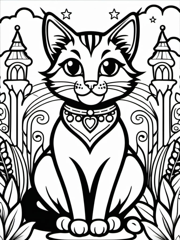 Coloring Sheet, monochrome, desatured. Enchanted atrophormized cat, adorable, happy, friendly.