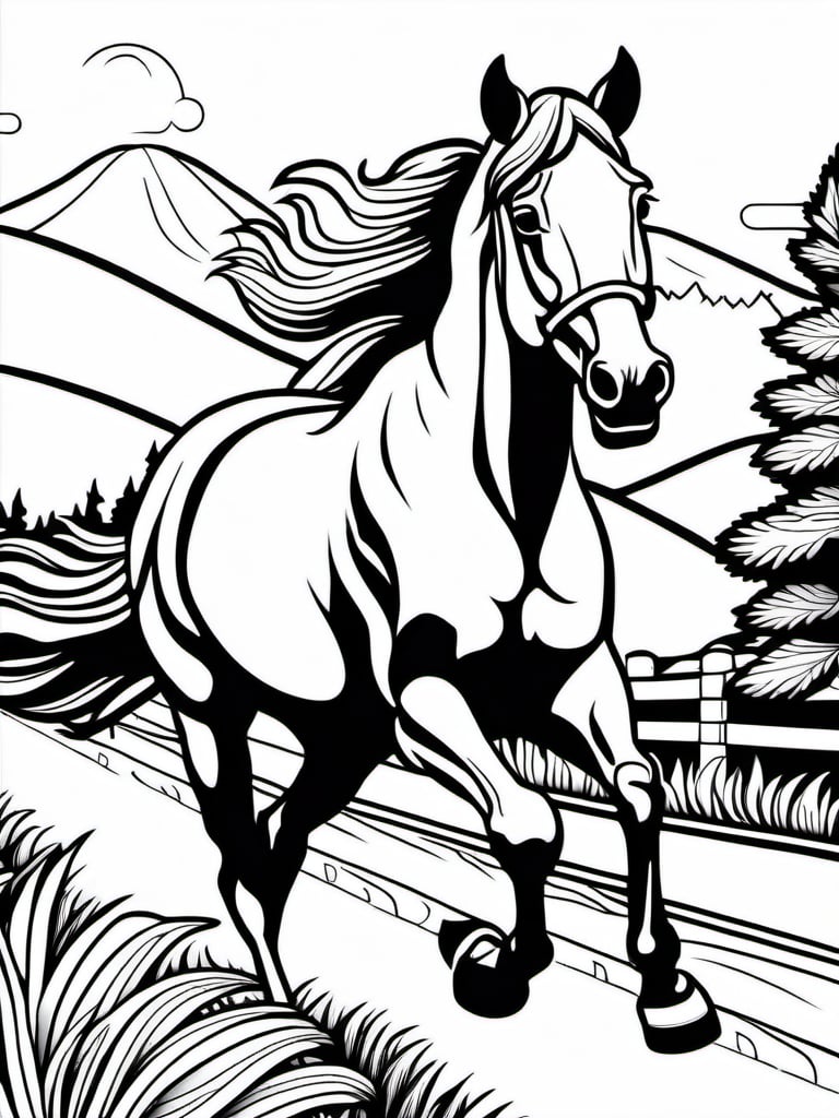 Coloring Sheet, monochrome, desatured. A horse running,  adorable, happy, friendly. Realistic, very detailed