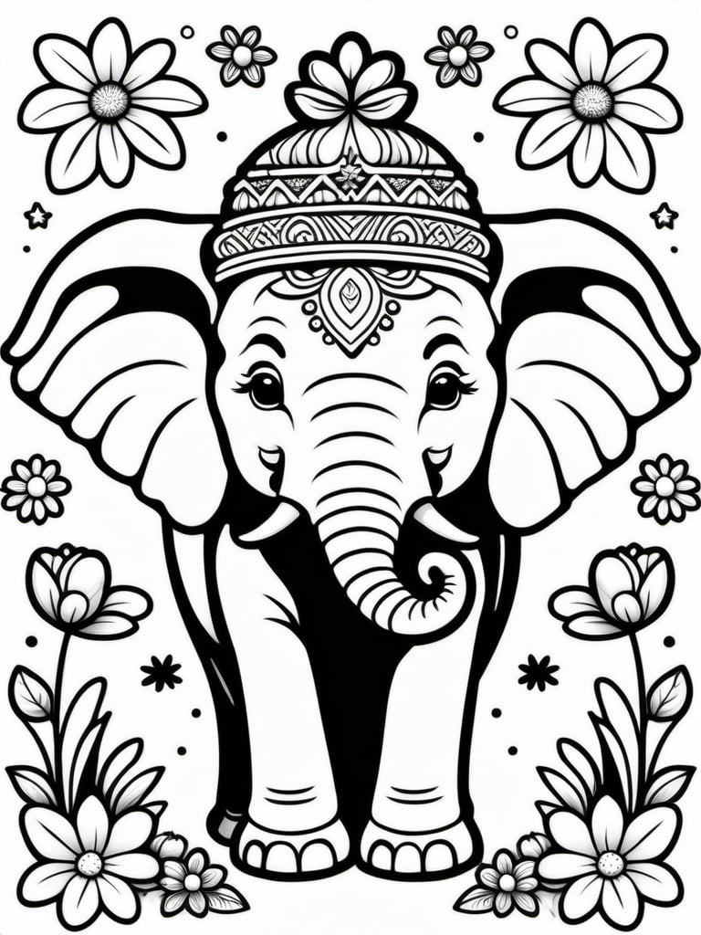 Coloring Sheet, monochrome, desatured. Enchanted atrophormized elephant, adorable, happy, friendly. Complete body, in the center of page. MASTERPIECE FLAT illustration, High-quality viewers, WEARING knitted sweater AND PANTS. Long hat adorned whit flowers, 8k  High Resolution、Tindall Effect、Back lighting、Drawing with enhanced hair details、A detailed 1 face、Detailed nose、Detailed mouth、Detailed body、Paint with added hair details,Bomi, cloudstick,Enchanted Gnome, BOLD LINE ART.,