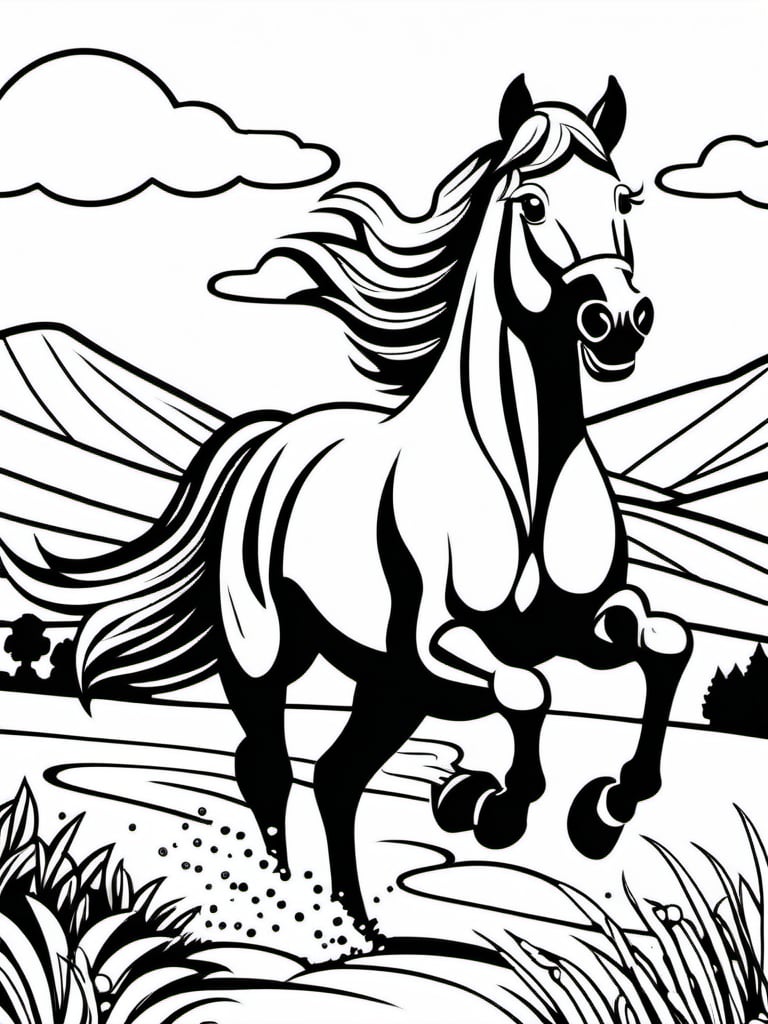 Coloring Sheet, monochrome, desatured. A horse running,  adorable, happy, friendly.